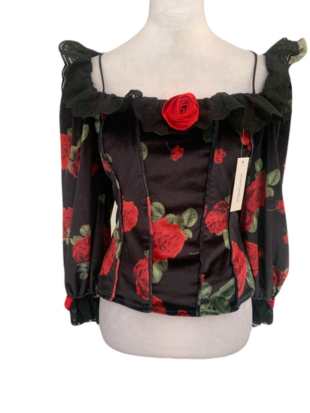 NWT For Love & Lemons Black Velvet Red Rose Print Blouse Romantic Whimsigoth - L
